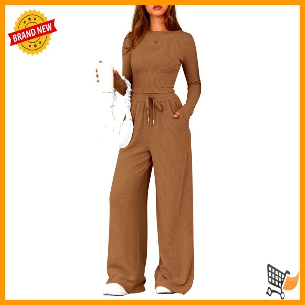 Women's Long Sleeve Two Piece Lounge Set Wide Leg Pants Tracksuit Chic